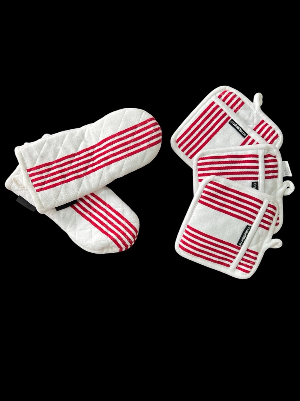 5-Piece Organic Cotton Kitchen Set – 2 Oven Mitts + 3 Pot Holders Red Stripe Red